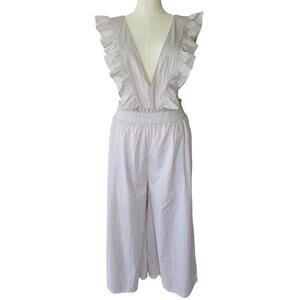 Junior Plus 1X Ruffle Strap Wide Leg Jumpsuit Cream Stripe NWT Pockets
